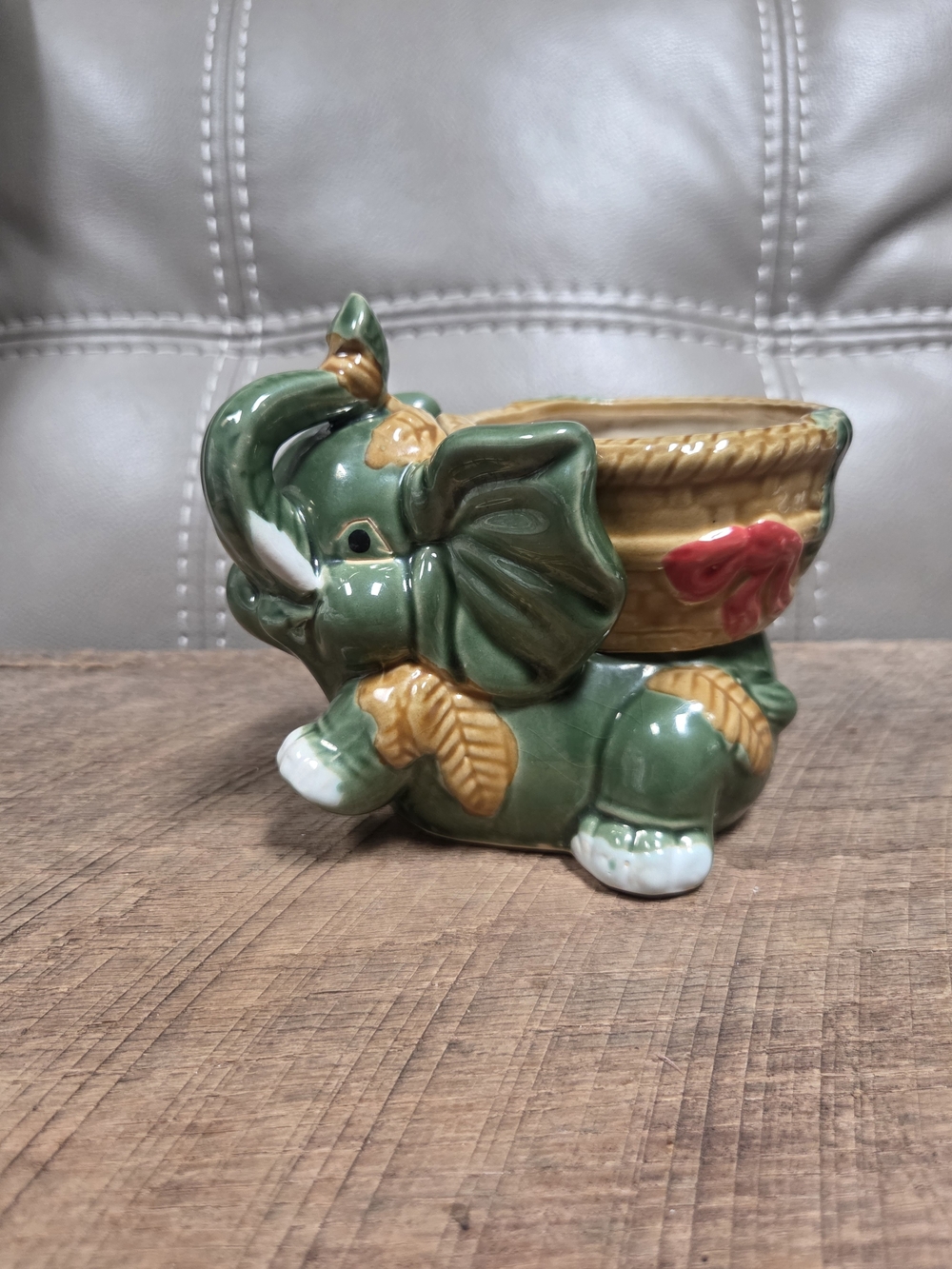 Vintage Mid-Century Majolica Style Green Ceramic Elephant Planter 1950's Bin 1O